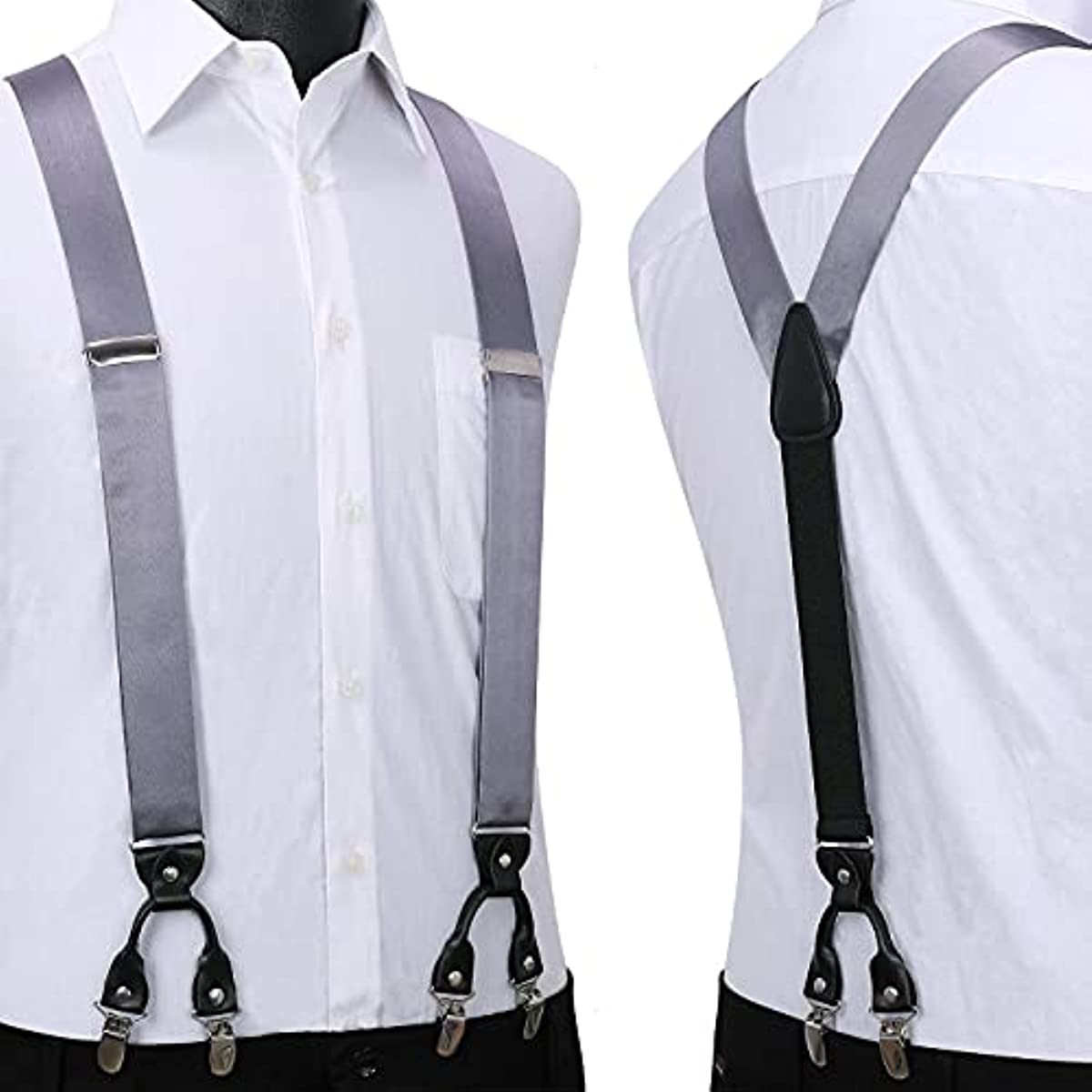 Hisdern Solid Suspenders Pre-Tied Bow Tie Set Grey Formal Wedding Outfit