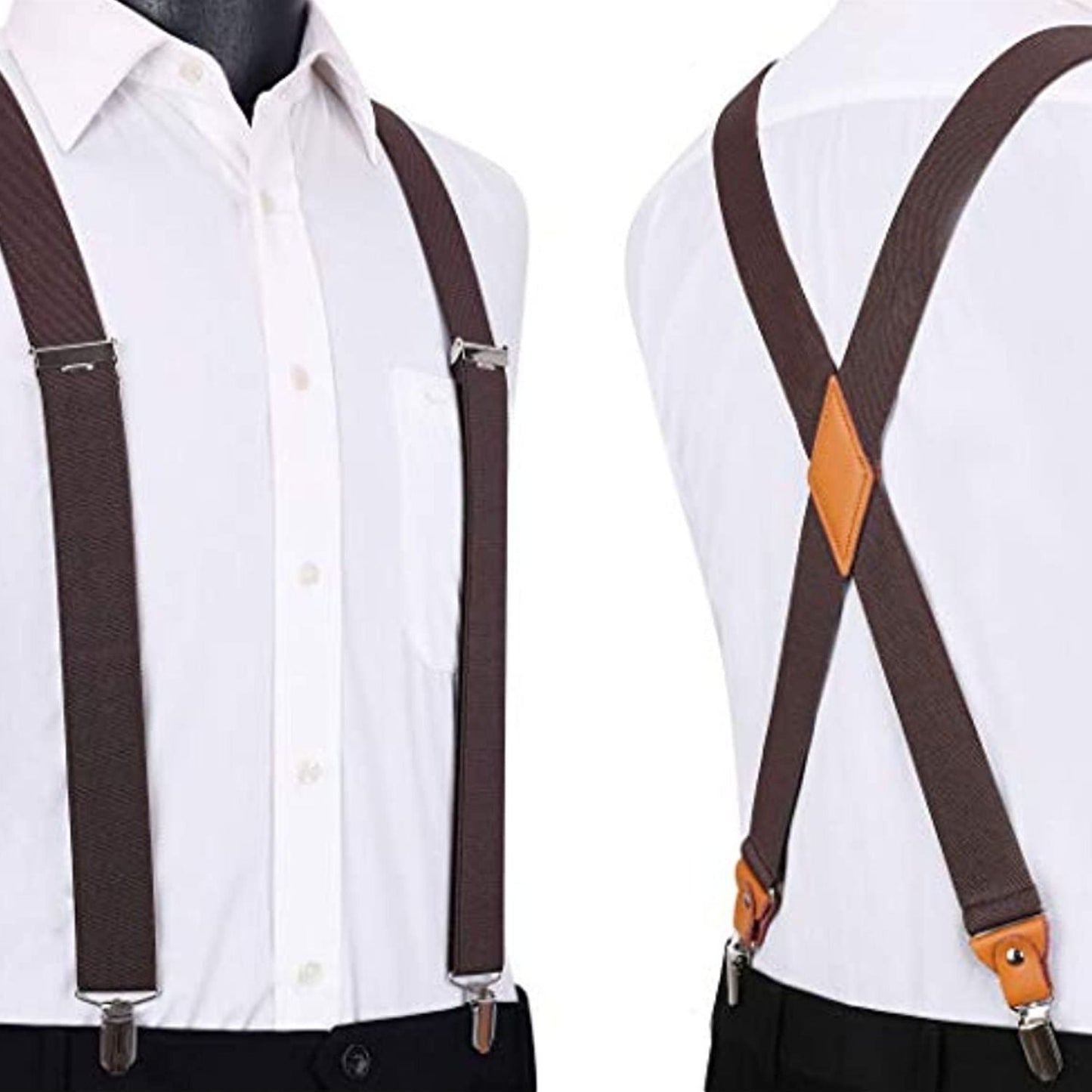 Hisdern Classic Brown Suspenders X-Back Adjustable Fit for Men
