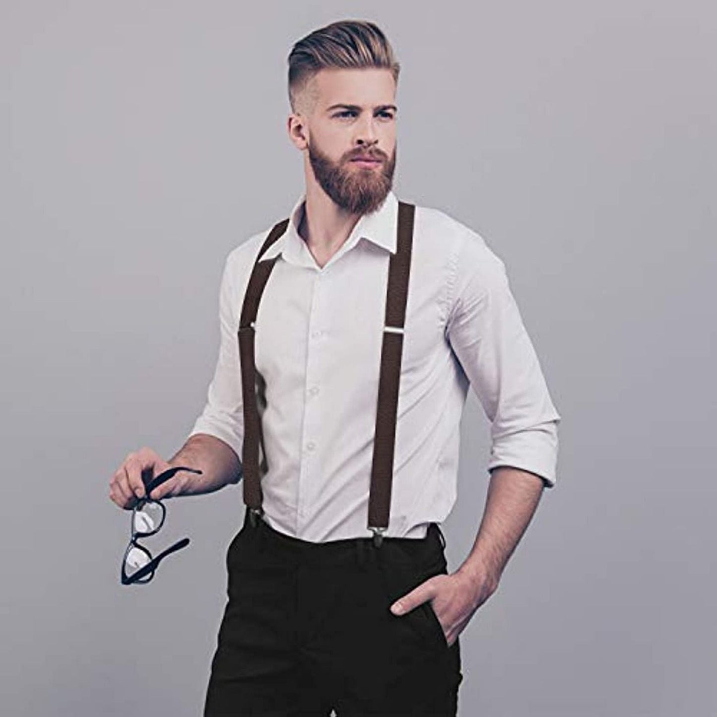Hisdern Classic Brown Suspenders X-Back Adjustable Fit for Men