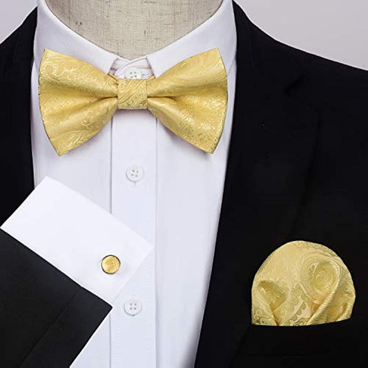 Hisdern Yellow Paisley Pre-Tied Bow Tie Handkerchief with Cufflinks
