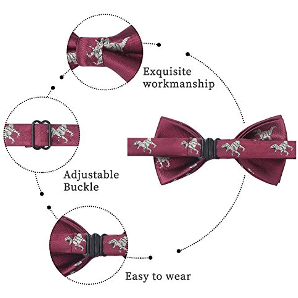 Hisdern Dinosaur Burgundy Animal Pre-Tied Bow Tie for Boys