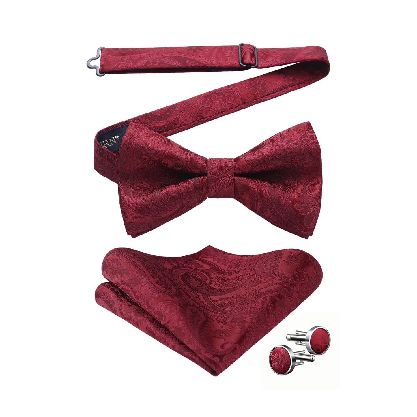 Hisdern Vintage Burgundy Paisley Pre-Tied Bow Tie Handkerchief with Cufflinks