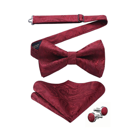 Hisdern Vintage Burgundy Paisley Pre-Tied Bow Tie Handkerchief with Cufflinks