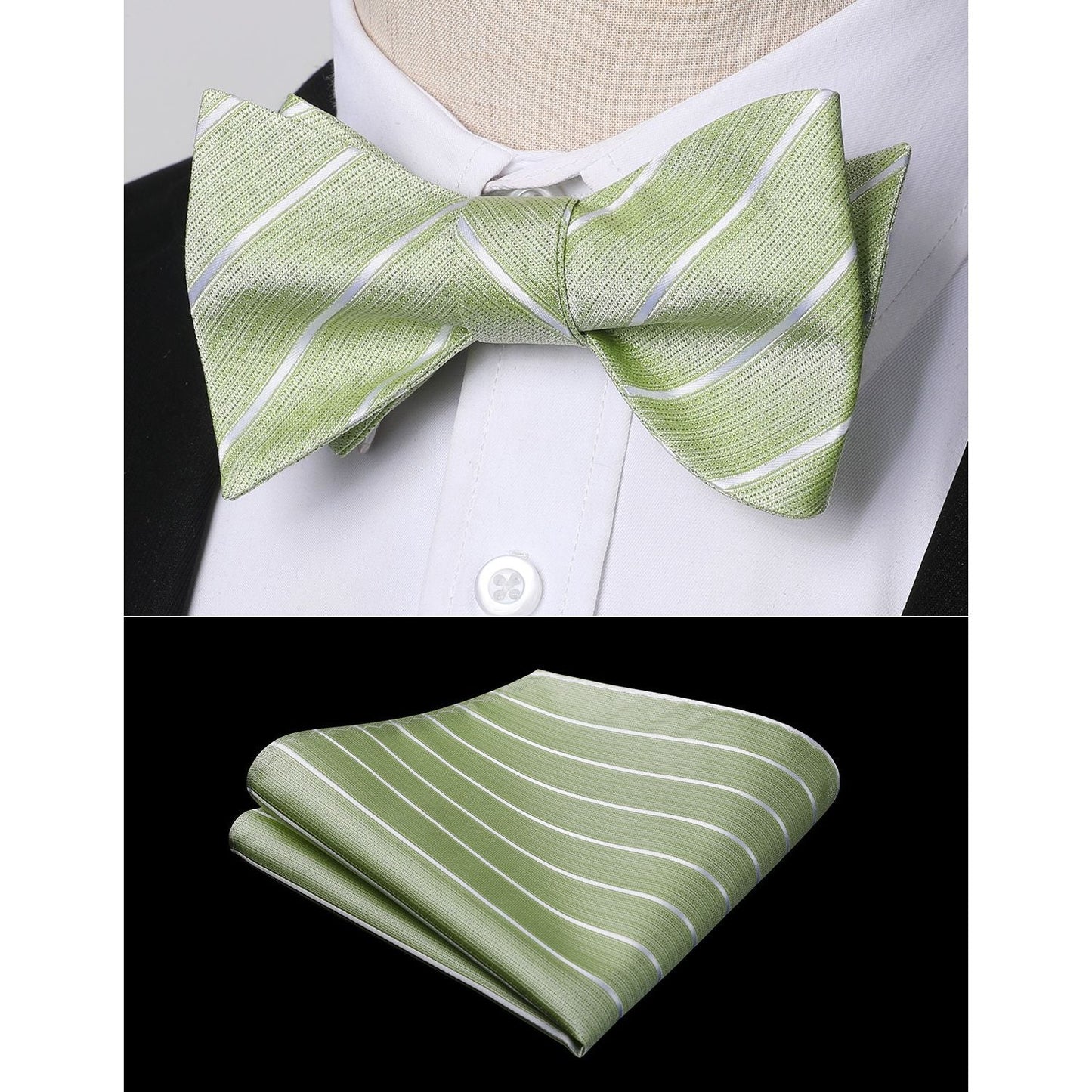 Hisdern Olive Green Striped Bow Tie Accessories Set For Evening Wear