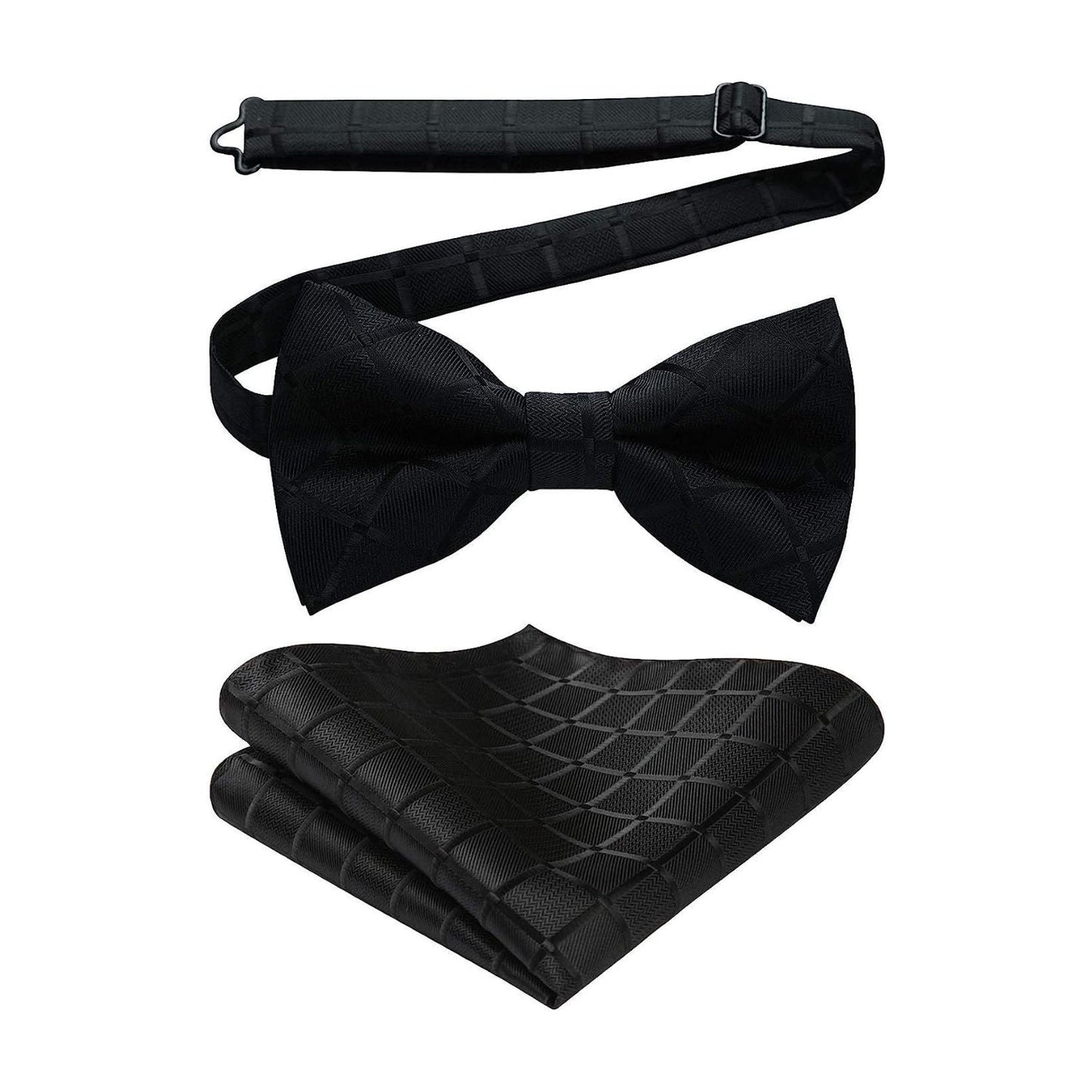 Hisdern Black Plaid Pre-Tied Bow Tie Accessories Set For Evening Wear