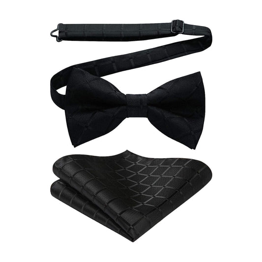 Hisdern Black Plaid Pre-Tied Bow Tie Accessories Set For Evening Wear
