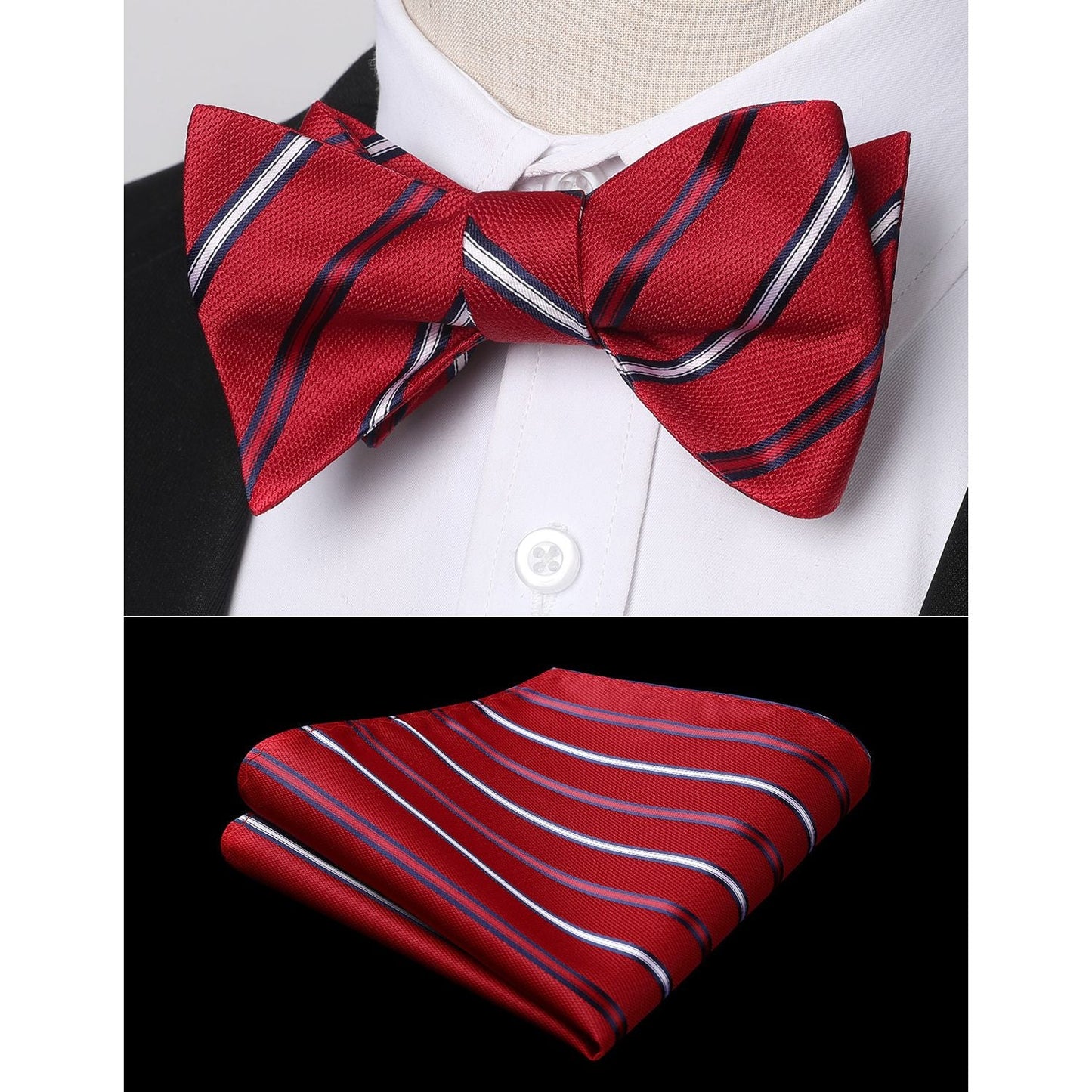 Hisdern Red White Striped Bow Tie Accessories Set For Evening Wear