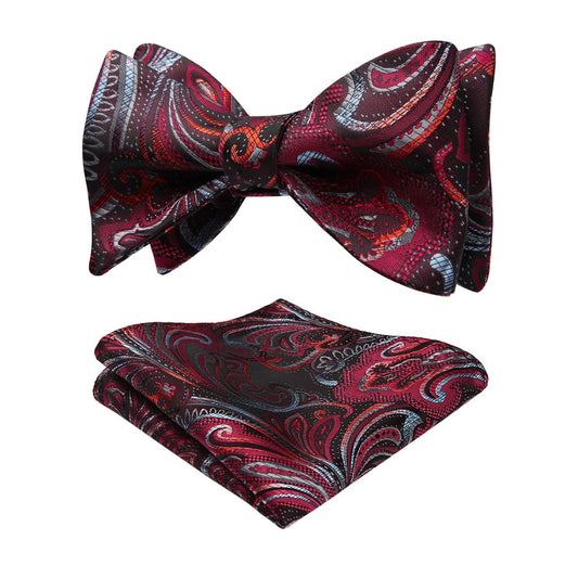Hisdern Vintage Red Green Paisley Bow Tie Set