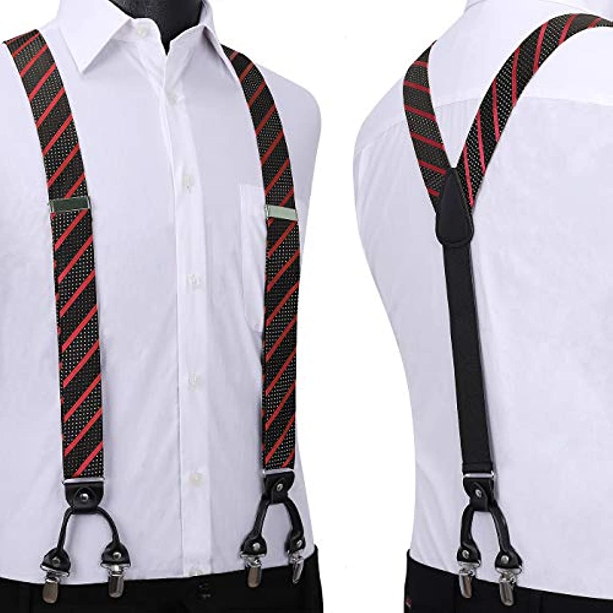 Hisdern Striped Suspenders Pre-tied Bow Tie Set Red Black Black Groom Outfit