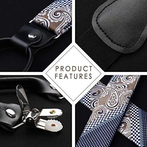 Hisdern Paisley Suspenders Bow Tie Set Brown Navy Formal Accessories