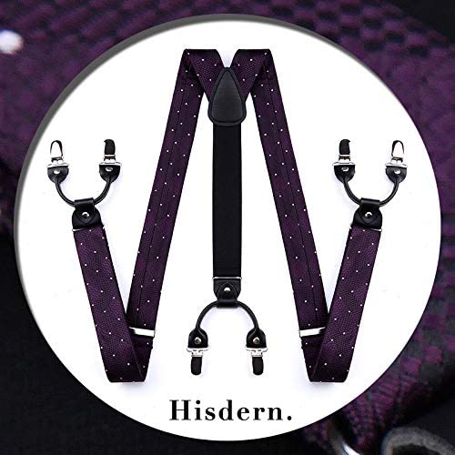 Hisdern Plaid Suspenders Pre-tied Bow Tie Set Purple Pattern Accessories