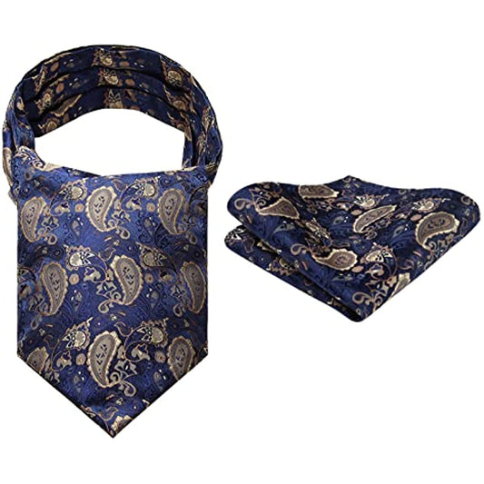 Hisdern Paisley Ascot Cravat for Men Navy Blue Gold Formal Neckwear