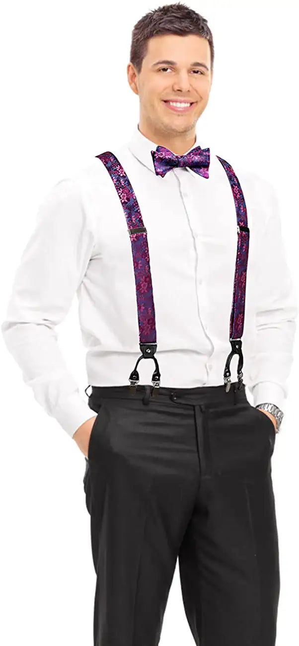 Hisdern Paisley Suspenders Bow Tie Set Purple Formal Accessories