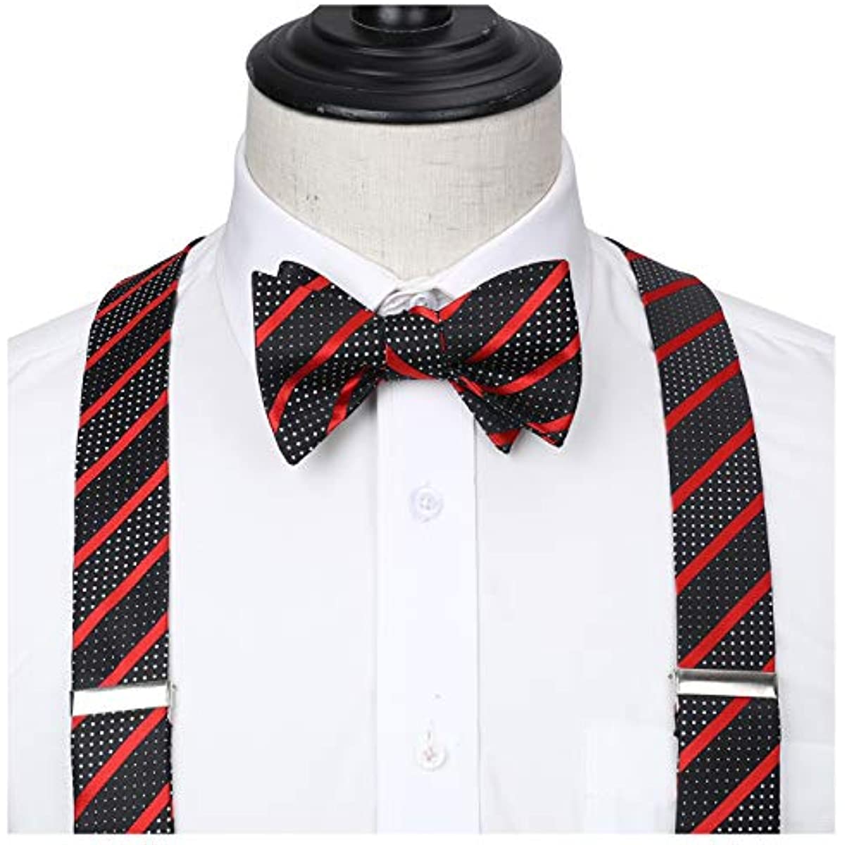 Hisdern Striped Suspenders Bow Tie Set Red Black Groom Outfit