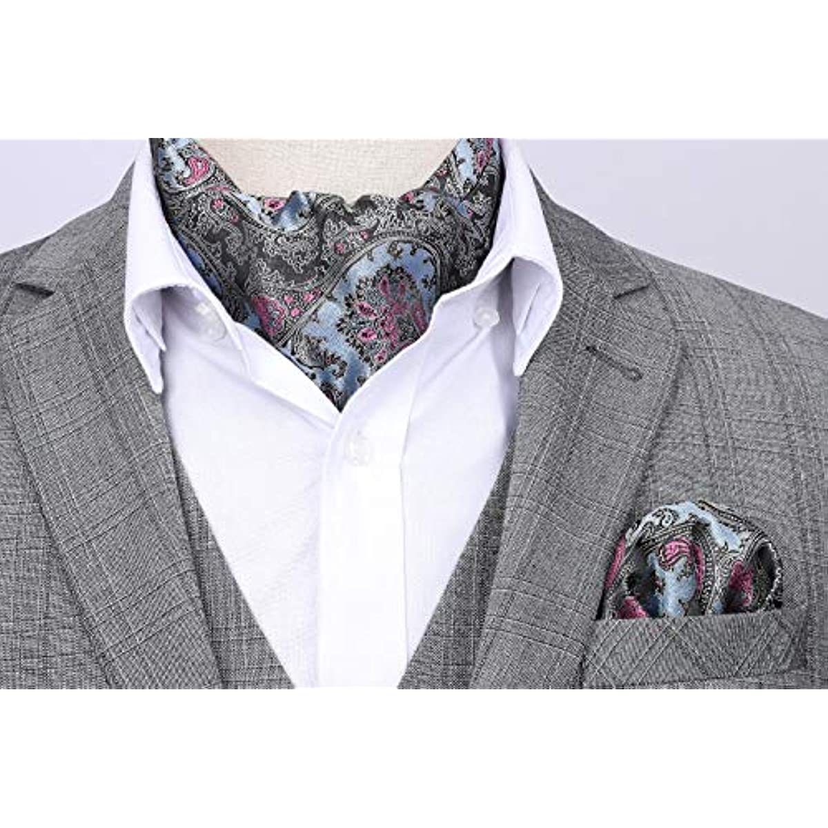 Hisdern Floral Blue Pink Ascot Cravat for Men Wedding Formal