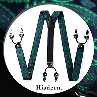 Hisdern Paisley Suspenders Pre-tied Bow Tie Set Green Formal Accessories