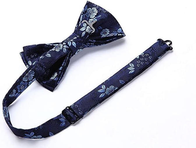 Hisdern Dark Blue Floral Pre-Tied Bow Tie Handkerchief with Cufflinks
