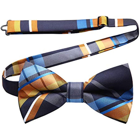 Hisdern Blue Yellow Plaid Pre-Tied Bow Tie for Men Classic Formal Business