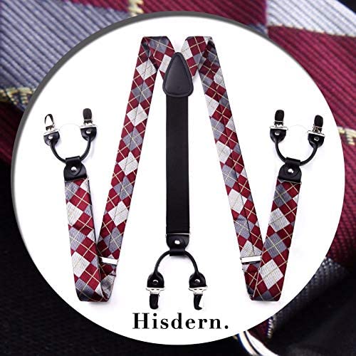 Hisdern Plaid Suspenders Pre-tied Bow Tie Set Red Pattern Accessories