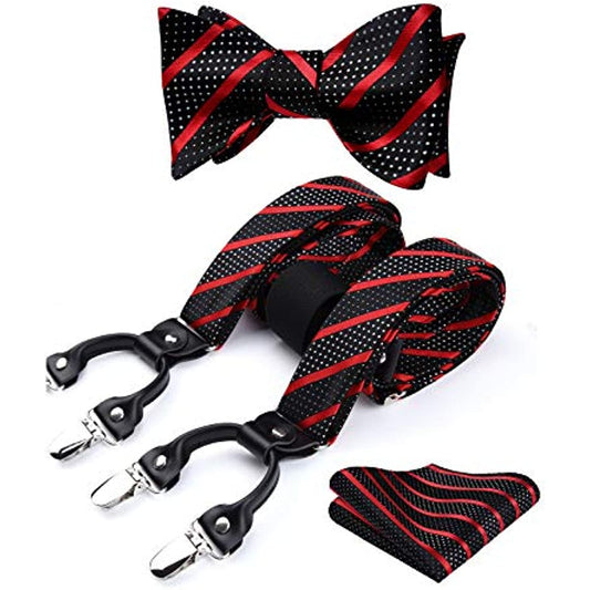 Hisdern Striped Suspenders Bow Tie Set Red Black Groom Outfit