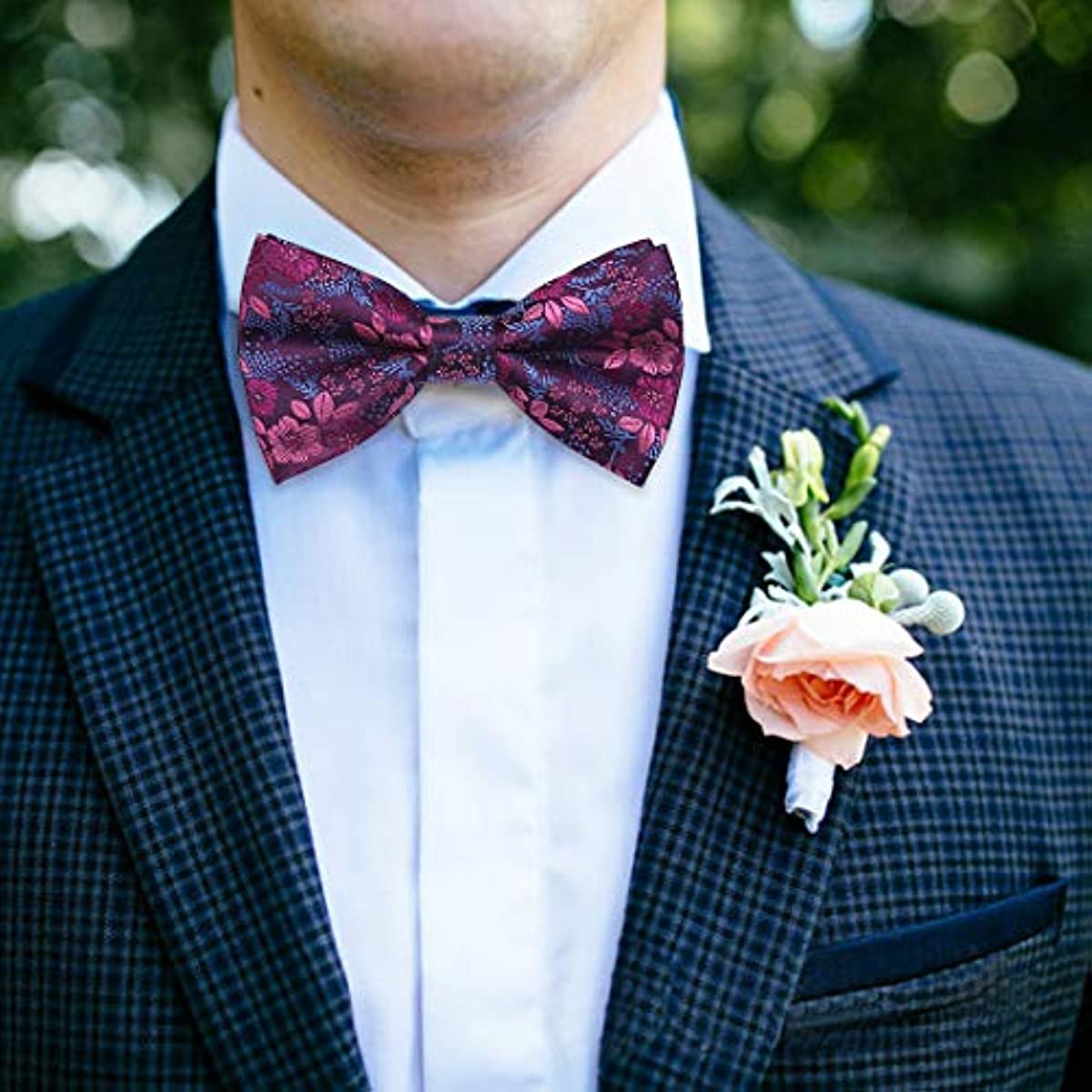 Hisdern Vintage Pink Floral Pre-Tied Bow Tie for Prom