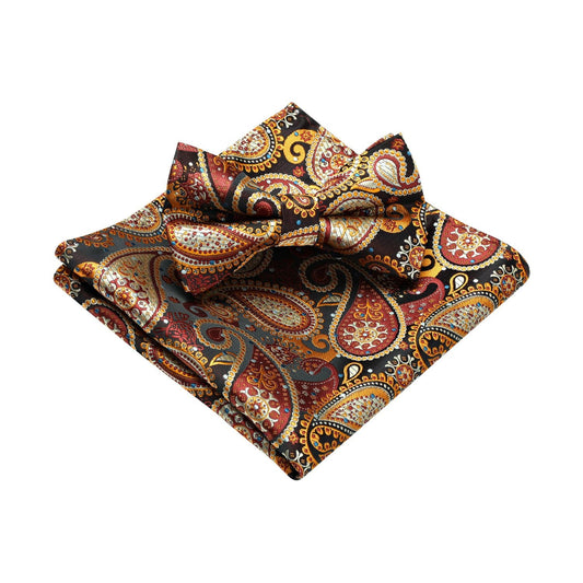 Hisdern Vintage Orange Paisley Pre-Tied Bow Tie Set for Wedding