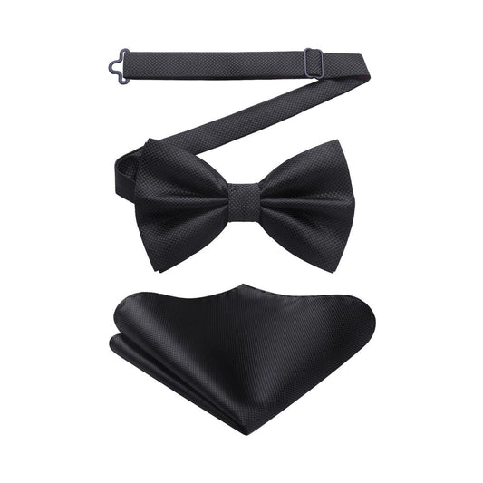 Hisdern Black Solid Pre-Tied Bow Tie Accessories Set For Evening Wear