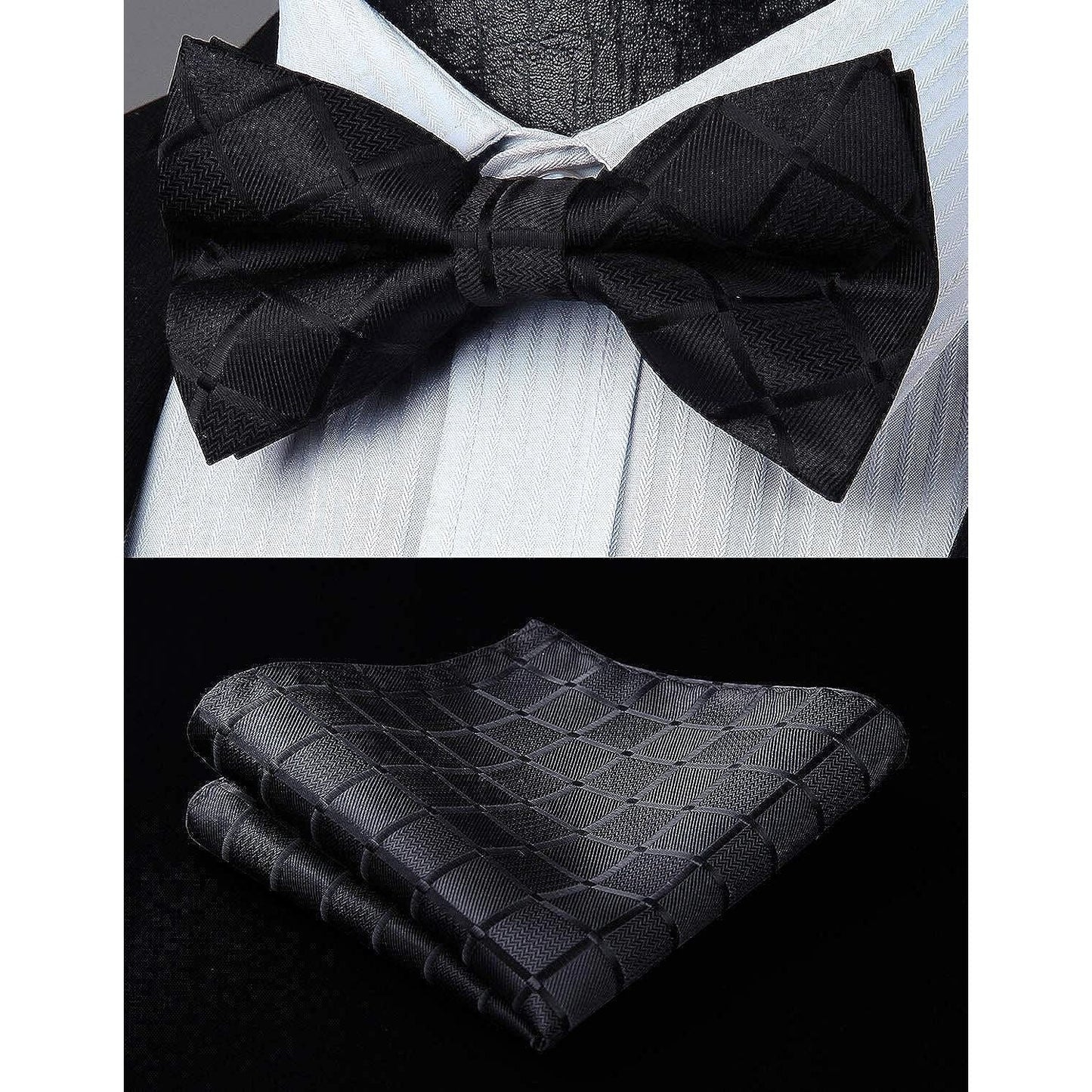 Hisdern Black Plaid Pre-Tied Bow Tie Accessories Set For Evening Wear