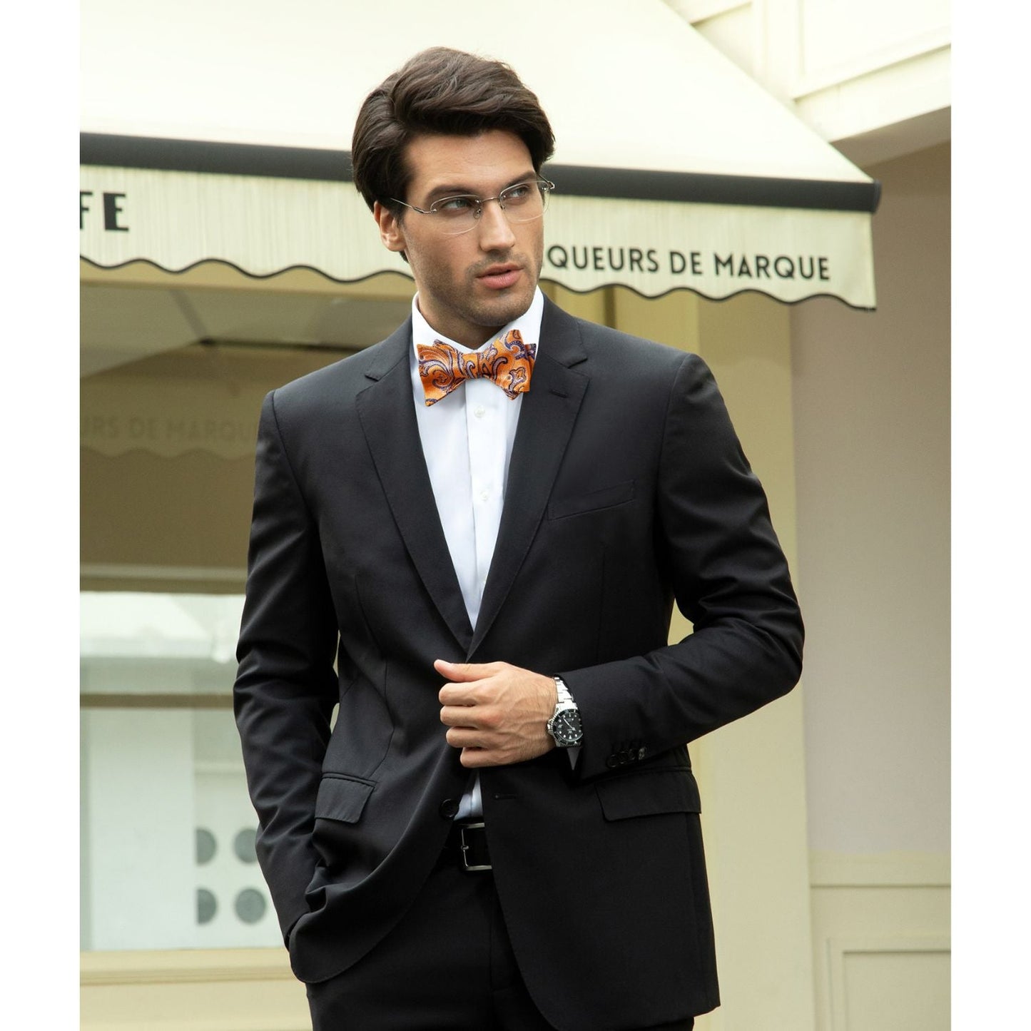 Hisdern Vintage Orange And Purple Paisley Bow Tie Set