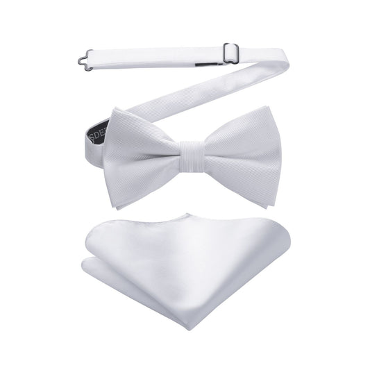 Hisdern White Solid Pre-Tied Bow Tie Accessories Set For Evening Wear