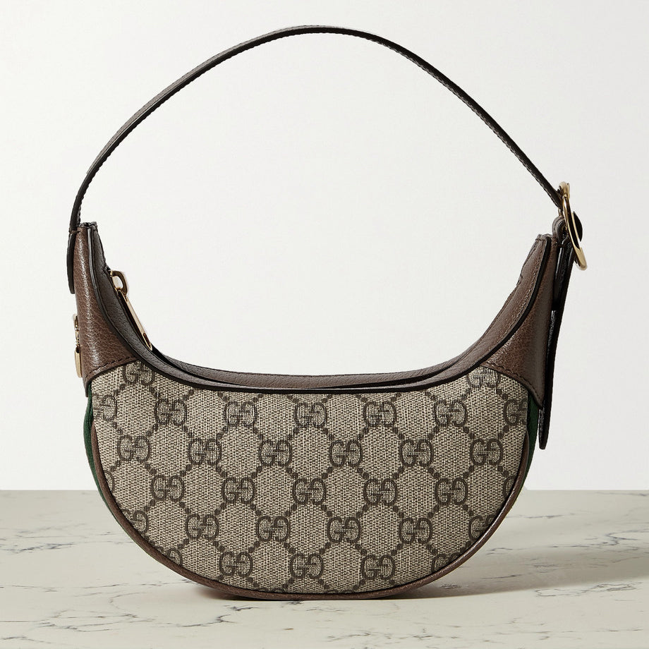 New Fashion mini webbing-trimmed textured-leather and printed coated-canvas shoulder bag