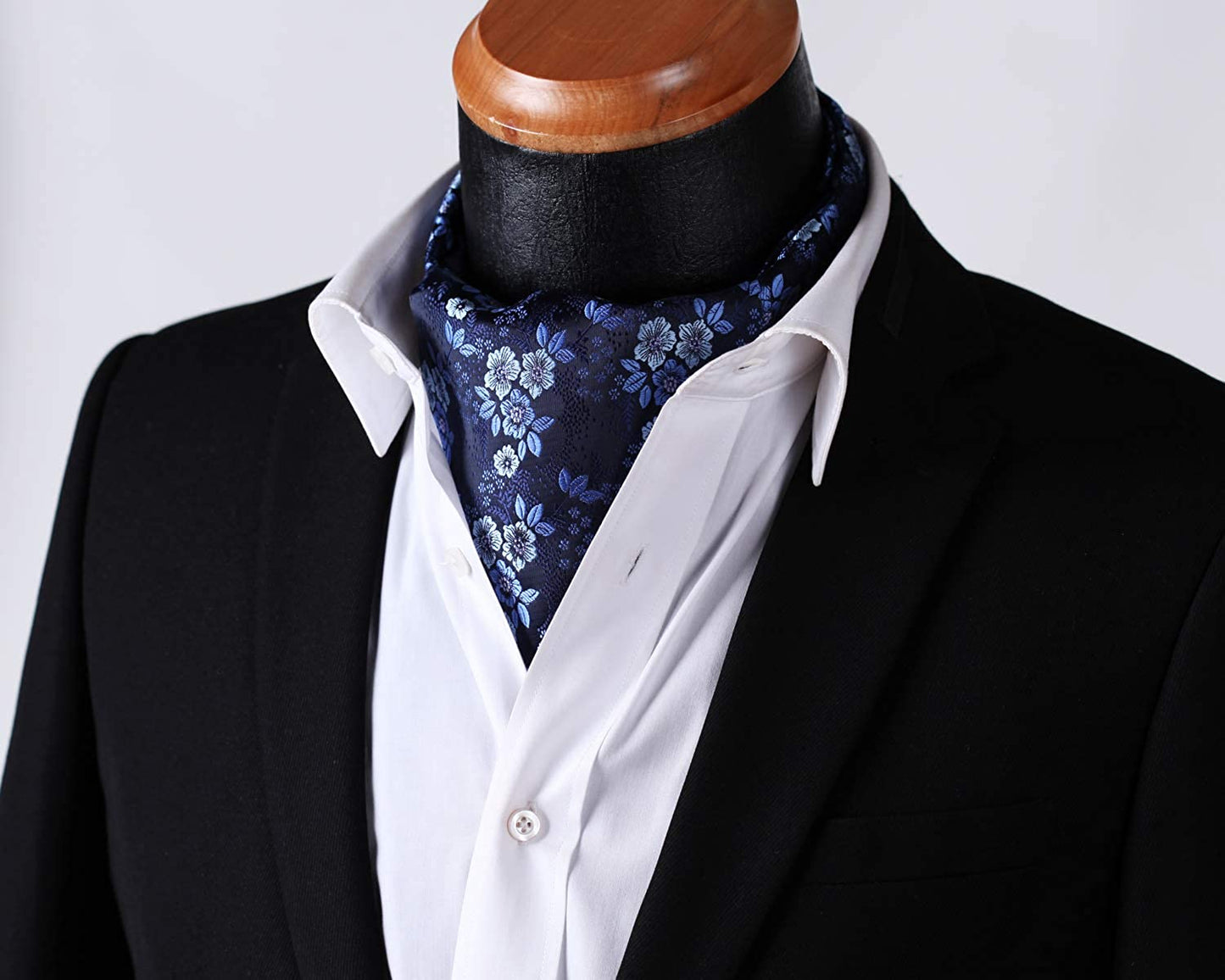 Hisdern Floral Navy Blue Ascot Cravat for Men Wedding Formal