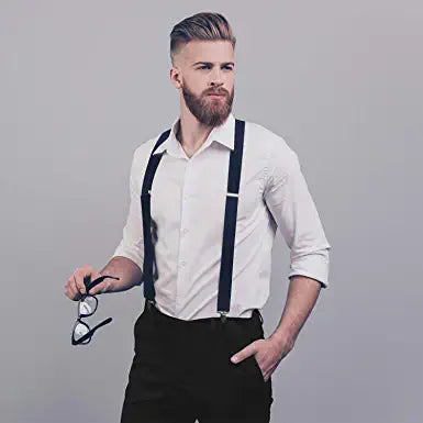 Hisdern Navy Blue Paisley Suspenders Pre-Tied Bow Tie Set Formal Wedding