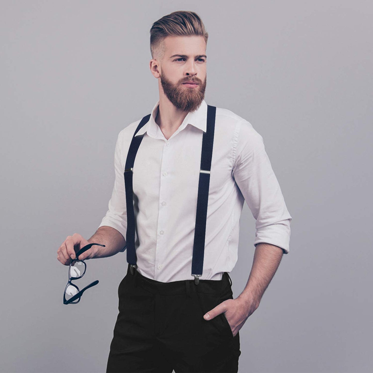 Hisdern Navy Blue Solid Suspenders Pre-Tied Bow Tie Set Formal Wedding