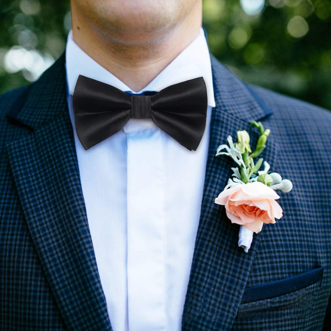 Hisdern Black Solid Pre-Tied Bow Tie Accessories Set For Evening Wear