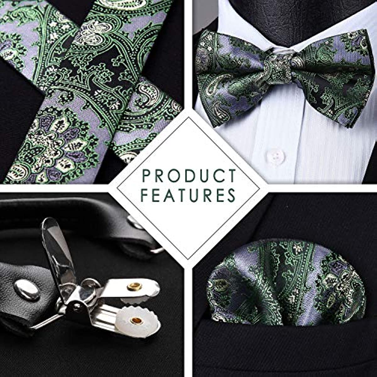 Hisdern Paisley Suspenders Pre-tied Bow Tie Set Green Formal Accessories