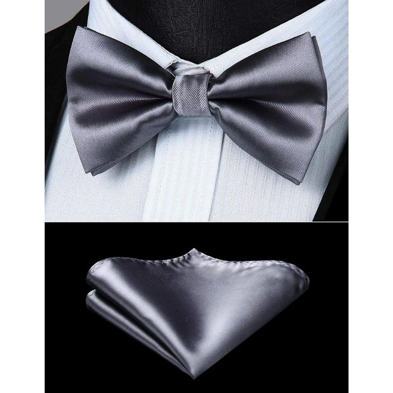 Hisdern Grey Solid Suspenders Pre-Tied Bow Tie Set Formal Wedding