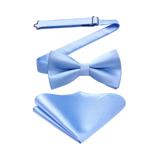 Hisdern Blue Solid Pre-Tied Bow Tie Accessories Set For Evening Wear