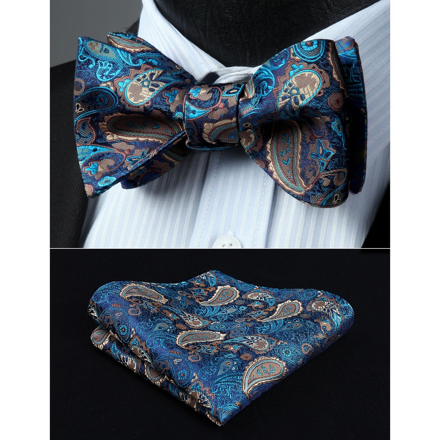 Hisdern Aqua Brown Paisley Bow Tie Set For Evening Wear