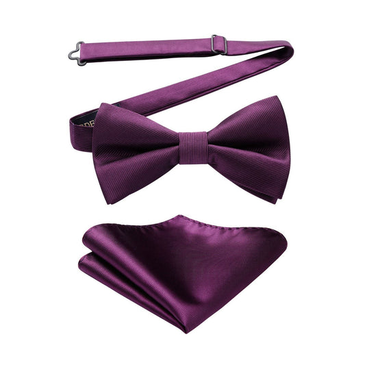 Hisdern Purple Solid Pre-Tied Bow Tie Accessories Set For Evening Wear