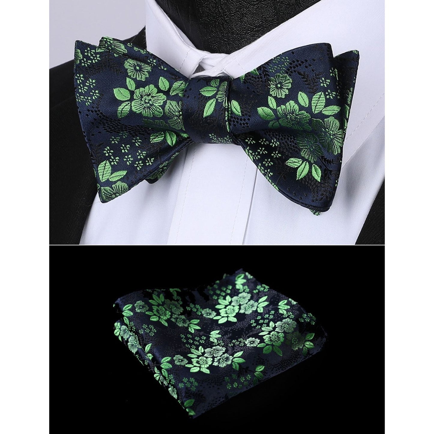 Hisdern Green Navy Blue Floral Bow Tie Set Groomsmen Wedding