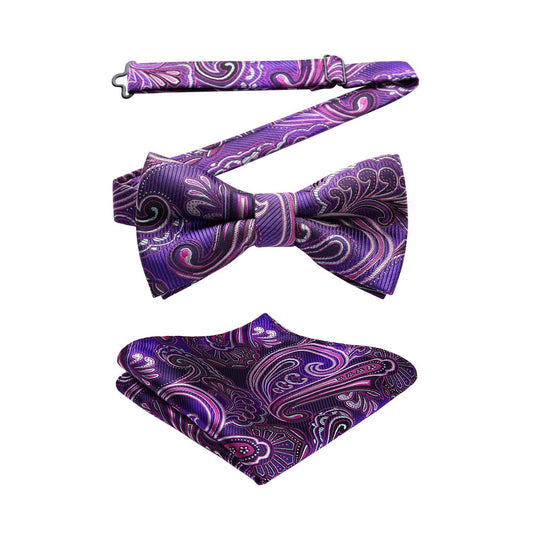 Hisdern Vintage Purple Paisley Pre-Tied Bow Tie Set for Wedding