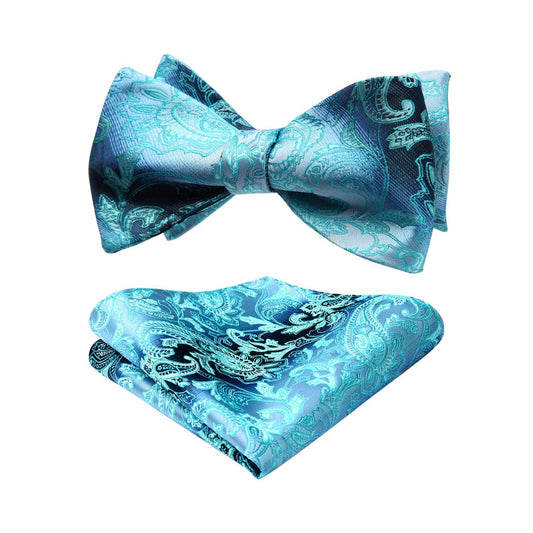 Hisdern Aqua Paisley Bow Tie Set For Evening Wear