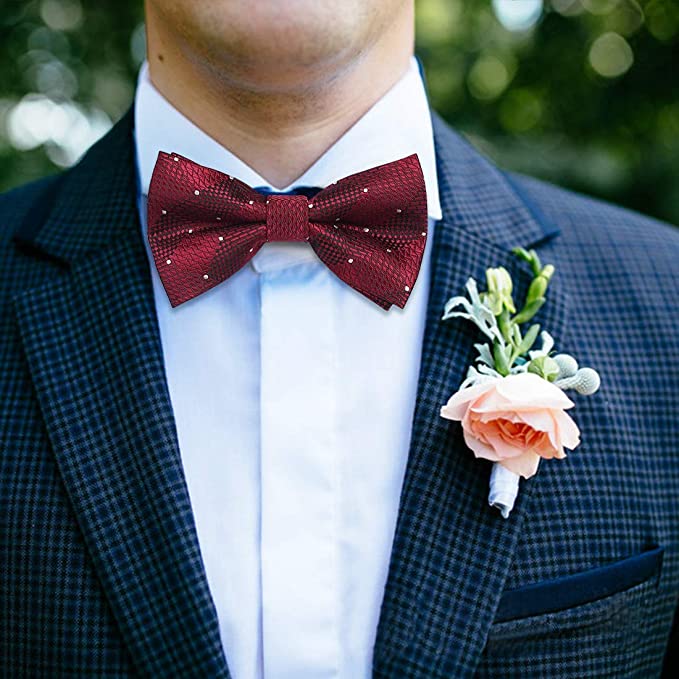 Hisdern Burgundy Plaid Pre-Tied Bow Tie Accessories Set For Evening Wear