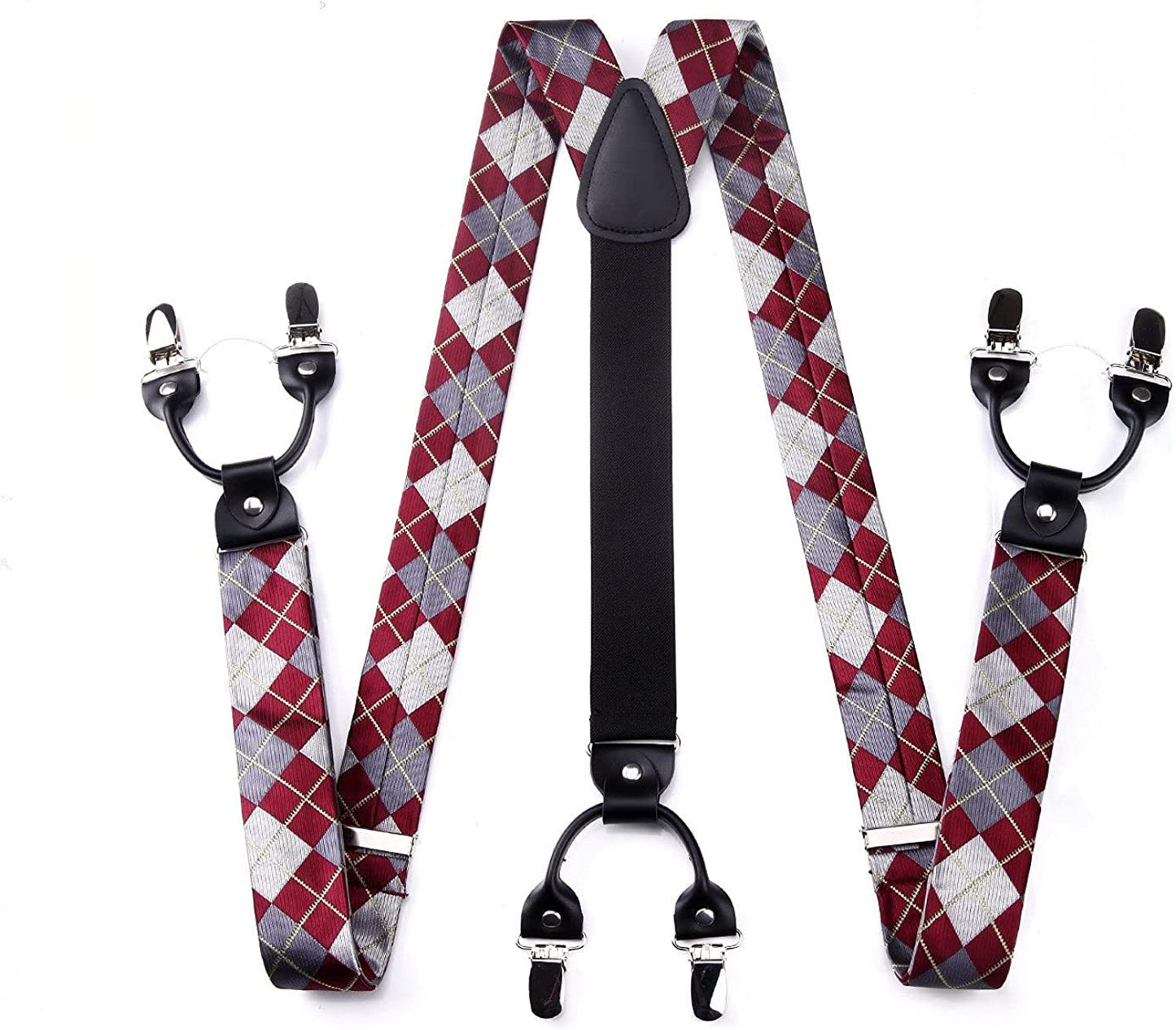 Hisdern Plaid Suspenders Bow Tie Set Burgundy Pattern Accessories