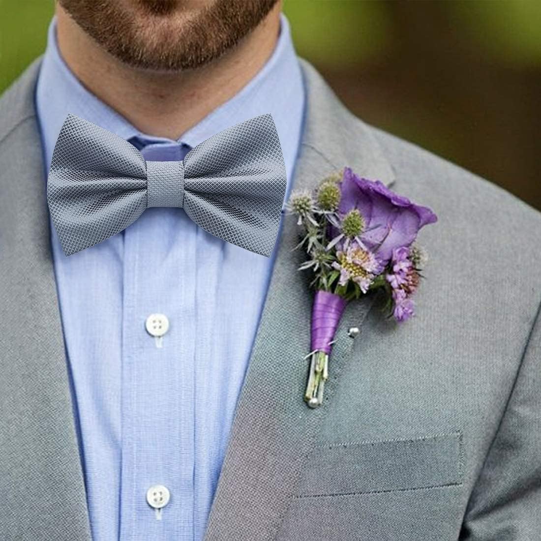 Hisdern Grey Solid Pre-Tied Bow Tie Accessories Set For Evening Wear
