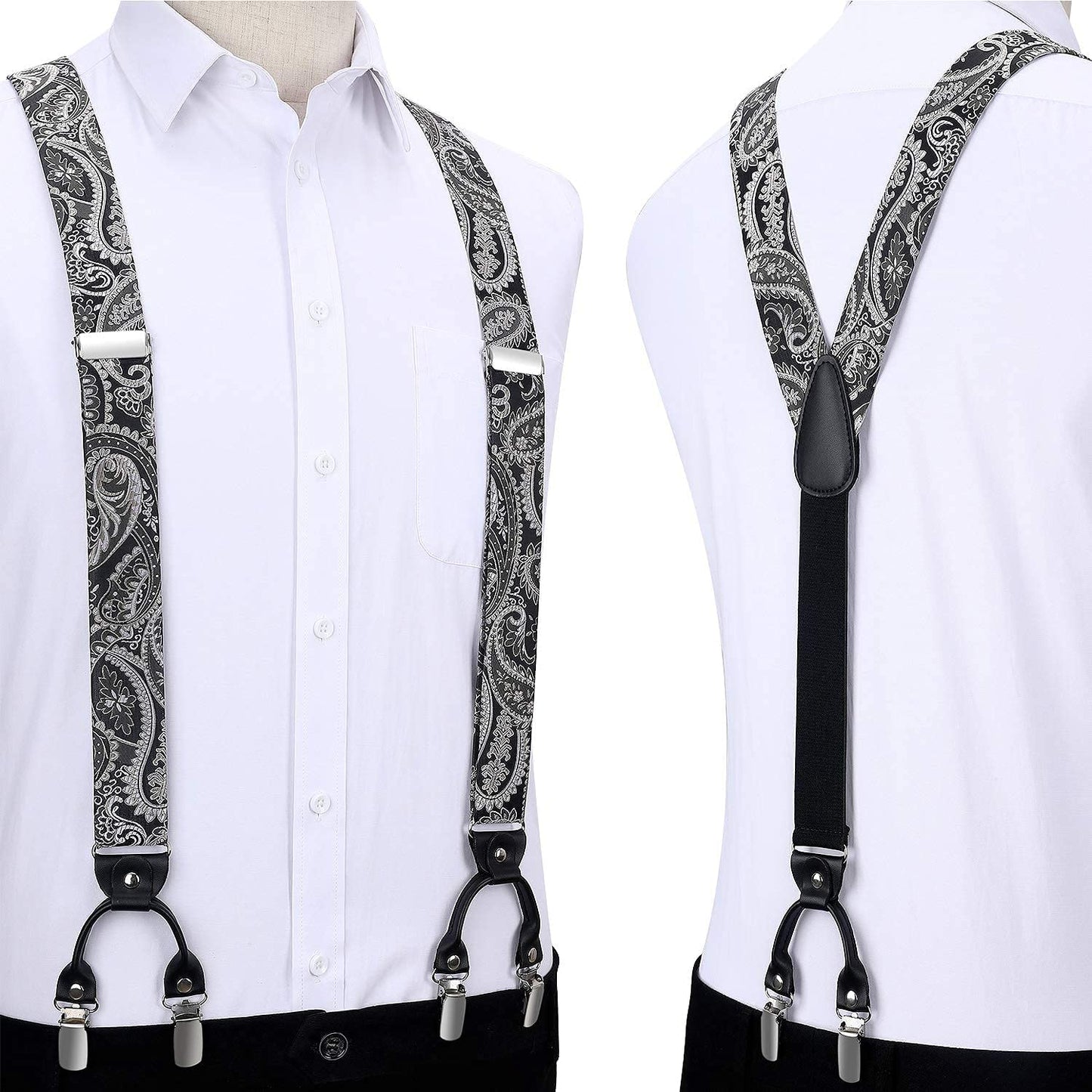 Hisdern Paisley Suspenders Bow Tie Set Grey Black Formal Accessories