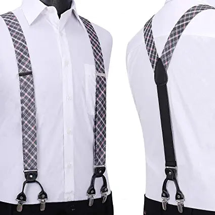 Hisdern Plaid Suspenders Bow Tie Set Pink Grey Pattern Accessories