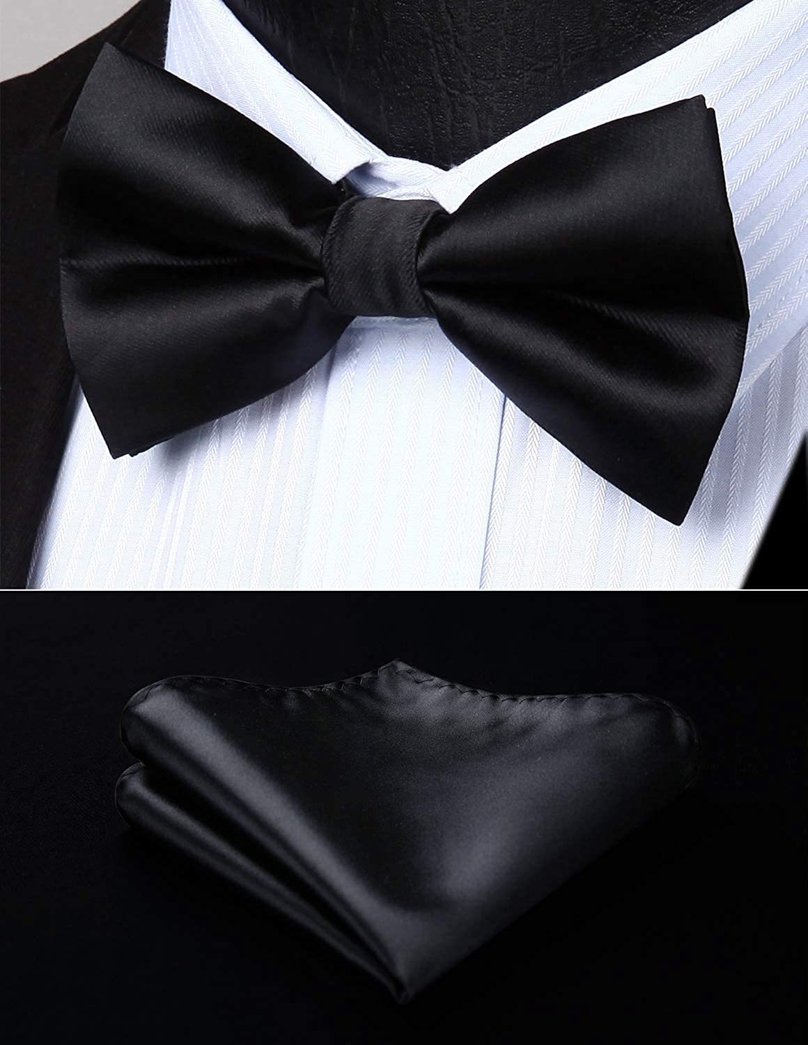 Hisdern Black Solid Suspenders Pre-Tied Bow Tie Set Formal Wedding