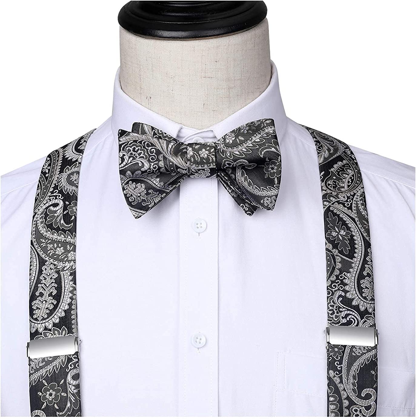 Hisdern Paisley Suspenders Bow Tie Set Grey Black Formal Accessories
